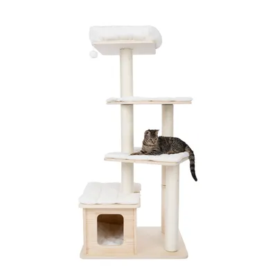 Cat tree with four levels, sisal posts, cave and resting areas. Cat is lying on one of the platforms.
