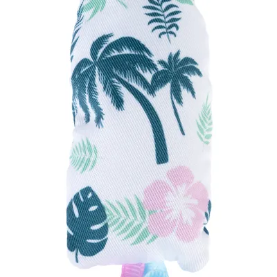 Fabric toy with tropical pattern, palm trees, leaves and pink flowers on white background.