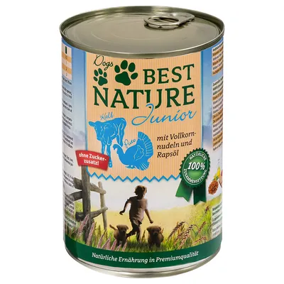 Best Nature Junior karma dla psów z cielęciną, indykiem, pełnoziarnistym makaronem i olejem rzepakowym. Bez dodatku cukru. Naturalny skład, naturalne żywienie premium.