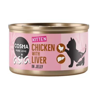 Cosma Asia Kitten Chicken with Liver in Jelly. Katzenfutter für Kätzchen mit Huhn und Leber, dargestellt durch Icons von Huhn und Leber auf rosa Hintergrund.