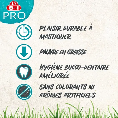 8in1 PRO. Plaisir durable à mastiquer, pauvre en graisse, hygiène bucco-dentaire améliorée, sans colorants ni arômes artificiels.