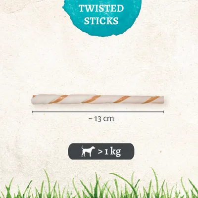Bastoncino Twisted Sticks, lunghezza circa 13 cm, indicato per cani di peso superiore a 1 kg. Testo visibile: 'TWISTED STICKS', '~13 cm', icona cane '>1 kg'.