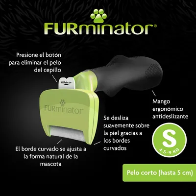 FURminator S 4,5–9 kg para pelo corto (hasta 5 cm). Botón para eliminar el pelo, mango ergonómico antideslizante, bordes curvados que se ajustan a la forma natural de la mascota.