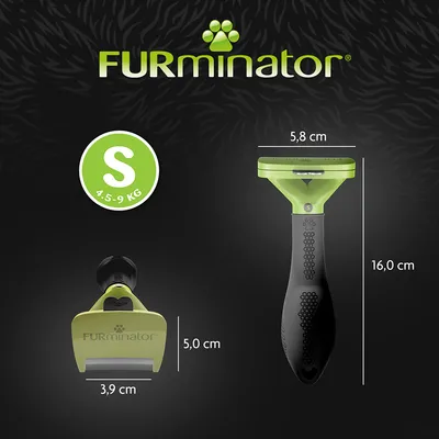 FURminator S, dimensions : 16,0 cm x 5,8 cm x 3,9 cm, tête 5,0 cm, pour animaux 4,5–9 kg. Manche noir et vert, logo FURminator visible. FURminator S, dimensions : 16,0 cm x 5,8 cm x 3,9 cm, tête 5,0 cm, pour animaux 4,5–9 kg. Manche noir et vert, logo FURminator visible.