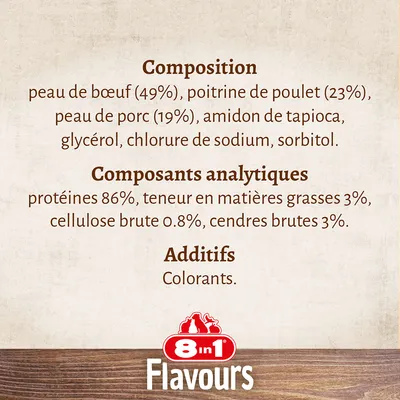 8in1 Flavours – Composition : peau de bœuf 49 %, poitrine de poulet 23 %, peau de porc 19 %, autres ingrédients. Protéines 86 %, matières grasses 3 %, cellulose brute 0,8 %, cendres brutes 3 %. Colorants.