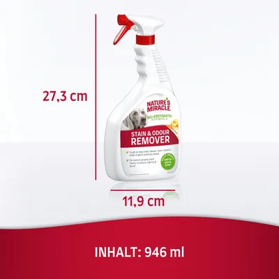 Nature's Miracle Stain & Odour Remover, Bio-Enzymatic Formula. Masse: Höhe 27,3 cm, Breite 11,9 cm. Inhalt: 946 ml.