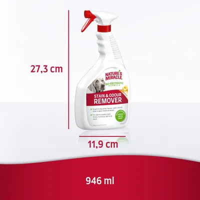 Nature's Miracle Stain & Odour Remover, spray de 27,3 cm alto y 11,9 cm ancho, capacidad 946 ml. Texto visible en inglés sobre uso y seguridad para el hogar.