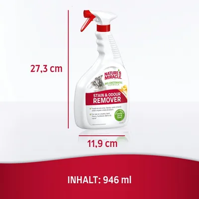 Nature's Miracle Stain & Odour Remover, Bio-Enzymatic Formula. Masse: Höhe 27,3 cm, Breite 11,9 cm. Inhalt: 946 ml.