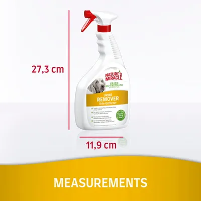 Spray bottle of urine remover shown with measurements: height 27.3 cm and width 11.9 cm. Label highlights bio-enzymatic formula and suitability for use on hard floors.