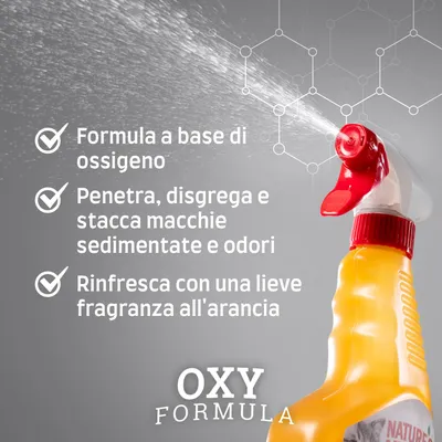 Formula a base di ossigeno, penetra e rimuove macchie e odori, rinfresca con fragranza all'arancia. Testo visibile: OXY FORMULA.