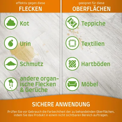 Effektiv gegen Flecken wie Kot, Urin, Schmutz und organische Gerüche. Geeignet für Teppiche, Textilien, Hartböden und Möbel. Hinweis zur sicheren Anwendung: Farbtest vor Gebrauch empfohlen.