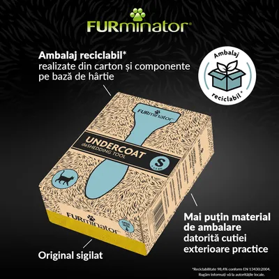 FURminator UNDERCOAT deShedding Tool S pentru pisici, ambalaj reciclabil din carton și componente pe bază de hârtie, original sigilat, mai puțin material de ambalare datorită cutiei practice.