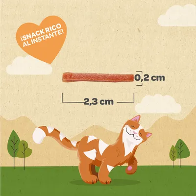 Snack para gatos con texto '¡SNACK RICO AL INSTANTE!' y medidas visibles: 2,3 cm de largo y 0,2 cm de ancho.
