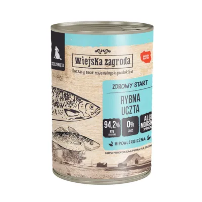 Wiejska Zagroda hundfoder för valpar, hälsosam start, fiskmåltid, 94,2 % fisk och buljong, 0 % spannmål, havsalger spirulina, hypoallergen, polskt märke.