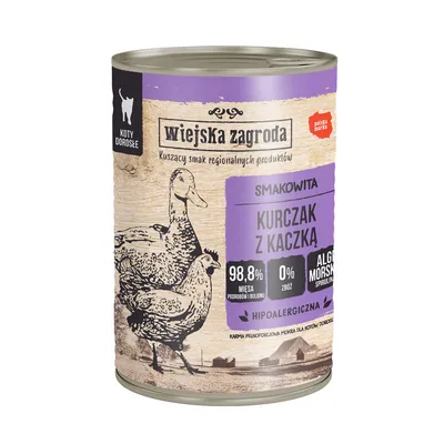 Wiesjska Zagroda mokra karma dla dorosłych kotów, smak kurczak z kaczką, 98,8% mięsa, 0% zbóż, spirulina, hipoalergiczna, polska marka.
