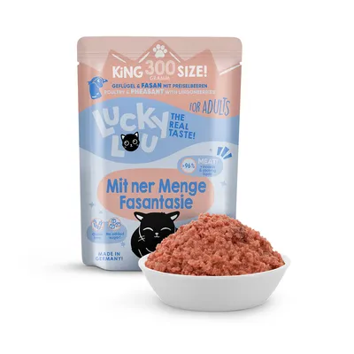 Lucky Lou Katzenfutter für Erwachsene, Geflügel & Fasan mit Preiselbeeren, 300g, über 96% Fleischanteil, getreidefrei, ohne Zuckerzusatz, hergestellt in Deutschland.
