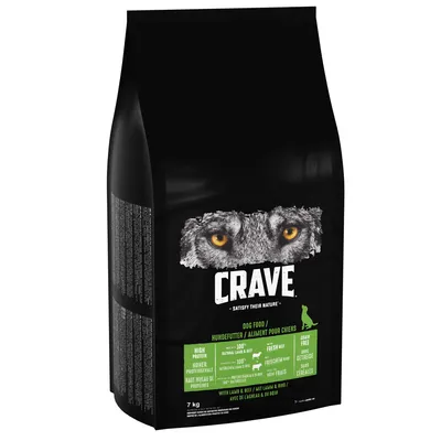 Crave dog food, high protein, 100% natural lamb and beef, fresh meat, grain free, 7kg bag. Key features highlighted on front of packaging.