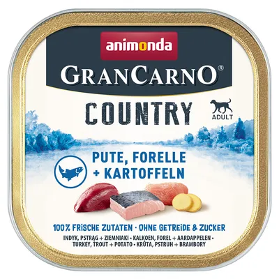 Animonda GranCarno Country Adult. Indyk, pstrąg i ziemniaki. 100% świeżych składników, bez zbóż i cukru.