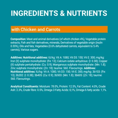 Ingredients and nutrients with chicken and carrots. Composition, nutritional additives, and analytical constituents listed: moisture 78%, protein 12.5%, fat 4%, ash 2.3%, fibre 0.5%.