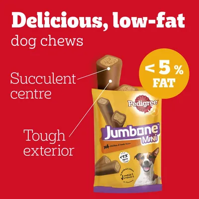 Delicious, low-fat dog chews with a tough exterior and succulent centre. Less than 5% fat.