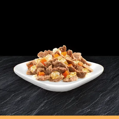 Chunks of wet pet food with visible orange and white pieces served on a white dish, showing product texture and ingredients.