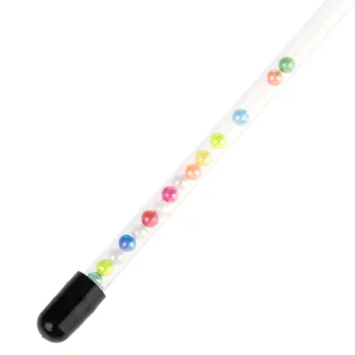 Toy wand with transparent tube and colourful beads, black handle.