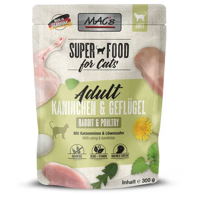 MAC's Super Food for Cats Adult Kaninchen & Geflügel Rabbit & Poultry, 300 g, sans céréales, herbes et vitamines, forte teneur en viande, avec catnip et pissenlit. Made in Germany.