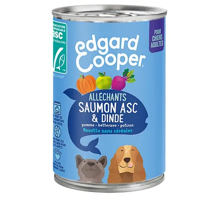 Edgard Cooper nourriture humide pour chiens adultes, recette au saumon ASC et dinde, pomme, betterave rouge, potiron. Sans céréales, emballage durable, certifié ASC-C-01027.