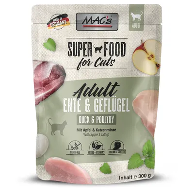 MAC's Super Food for Cats Adult Ente & Geflügel, Duck & Poultry, Mit Apfel & Katzenminze, 300 g. Sans céréales, herbes + vitamines, teneur élevée en viande. Made in Germany visible.