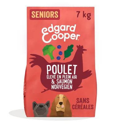 Edgard Cooper aliment sec pour seniors, 7 kg, avec poulet élevé en plein air et saumon norvégien, sans céréales.
