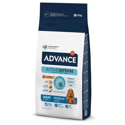 Zak hondenvoer Advance Active Defense Adult Medium 10–30 kg, 18 kg. Tekst: prebiotica, probiotica, vezels, gezonde microflora. Voor volwassen honden van 1–7 jaar.