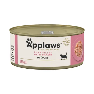 Applaws Natural Cat Food, tonnikalafilee katkaravulla liemessä, 156 g tölkki, sertifioitu B Corporation, 100 % luonnolliset ainesosat.