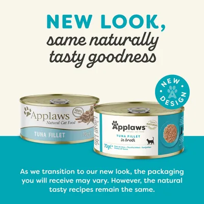 Applaws Natural Cat Food TUNA FILLET 70g, dve konzervy s rôznym dizajnom obalu. Text: NEW LOOK, same naturally tasty goodness. NEW DESIGN. 100% NATURAL.