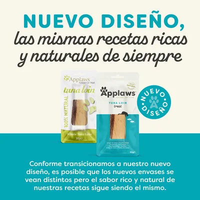 Applaws tuna loin para gatos, dos envases diferentes de 30 g con texto: 'Nuevo diseño, las mismas recetas ricas y naturales de siempre'. Sello circular: 'Nuevo diseño'.