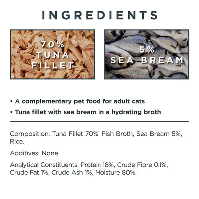 Zutaten: 70% Thunfischfilet, 5% Dorade. Ergänzungsfutter für erwachsene Katzen. Zusammensetzung: Thunfischfilet, Fischbrühe, Dorade, Reis. Analytische Bestandteile: Protein 18%, Feuchtigkeit 80%.