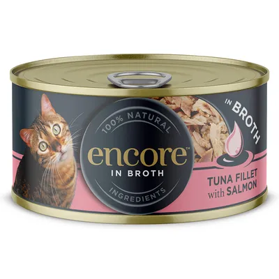 Encore In Broth, 100% Natural Ingredients, Thunfischfilet mit Lachs. Abbildung einer Katze und Produktinhalt.
