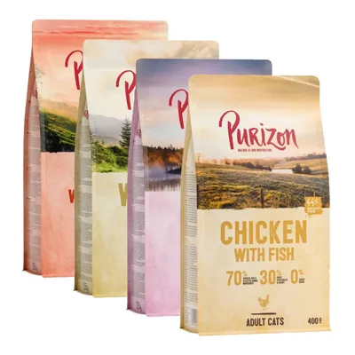 Purizon Chicken with Fish para gatos adultos, 400 g. Texto visible: 70 % chicken y pescado, 30 % frutas y verduras, 0 % grano. Tres variedades adicionales de Purizon al fondo.
