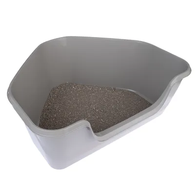 Grey cat litter tray with litter, rectangular shape and lowered entry.