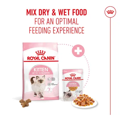 Royal Canin Kitten up to 12 months dry and wet food. Recommendation: Mix dry and wet food for an optimal feeding experience.