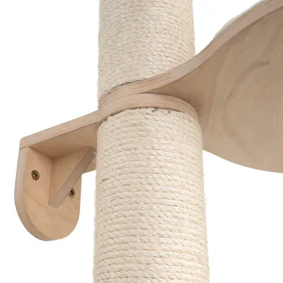 Cat tree made of light wood wrapped with sisal rope, stable wall mount visible.