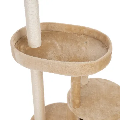 Kratzbaum mit beigem Plüschbezug, zwei Ebenen und Sisal umwickelten Säulen.