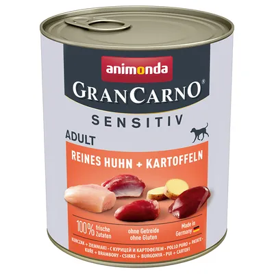 Animonda GranCarno Sensitiv Adult, чисто пиле + картофи, 100% пресни съставки, без зърнени храни, без глутен, произведено в Германия.