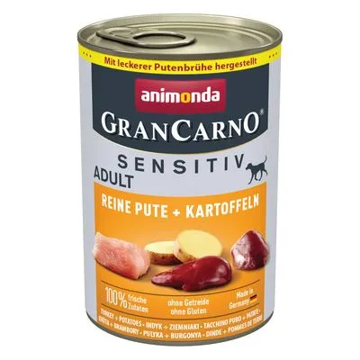 Blik animonda GranCarno Sensitiv Adult hondenvoer, reine pute + kartoffeln, 100% frisse ingrediënten, zonder granen of gluten, Made in Germany. Tekst deels in het Duits.