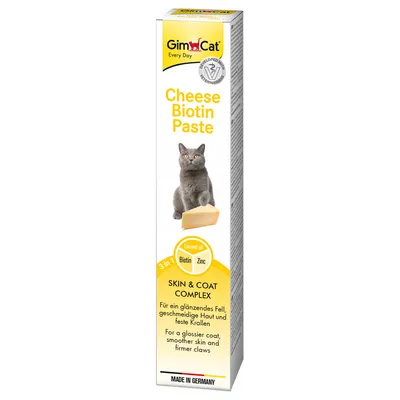 GimCat Cheese Biotin Paste. Skin & Coat Complex mit Leinöl, Biotin und Zink. Für glänzendes Fell, geschmeidige Haut und feste Krallen. Made in Germany.
