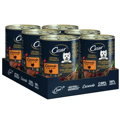 Tray of Cesar Natural Goodness Casserole in sauce tins, visible text: Vollkornreis mit Superfoods, Riso Integrale Superfoods, 100% recyclable, 100% complete. Image shows six cans.