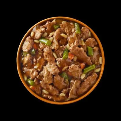 Schaal natvoer met stukjes vlees, groenten en saus zichtbaar. Geen merknaam of verpakking getoond.