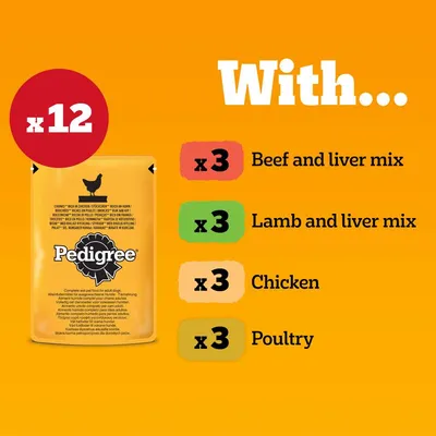 Confezione Pedigree x12: 3 Beef and liver mix, 3 Lamb and liver mix, 3 Chicken, 3 Poultry. Testo in inglese.