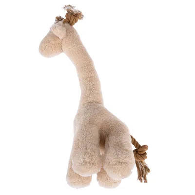 Plüschspielzeug in Form einer Giraffe mit beigem Fell und Knoten aus Seil an Kopf und Schwanz.