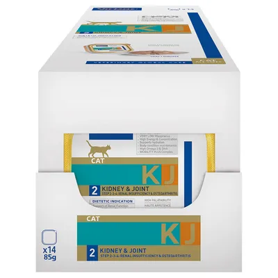 Boîte de 14 barquettes pour chat, KJ Kidney & Joint 2, STEP 2-3-4: Renal Insufficiency & Osteoarthritis, 85 g. Texte visible : haute appétence, indication diététique, support fonction rénale.