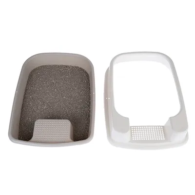 Caja de arena abierta para gatos con borde extraíble y superficie antideslizante, rellena de arena para gatos.
